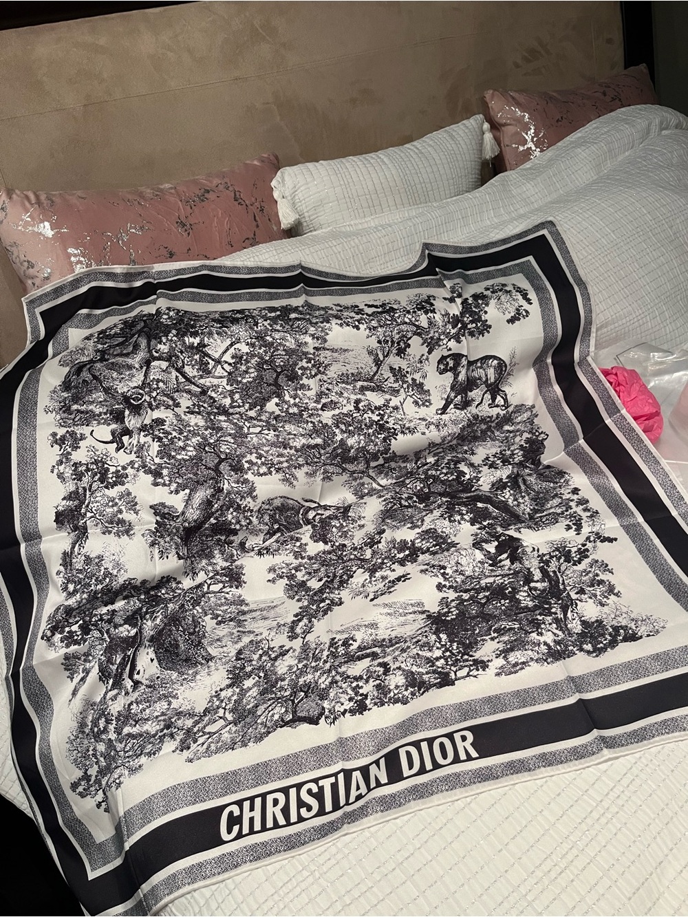 Dior Black and White Toile Silk Throw with Christian Dior Border